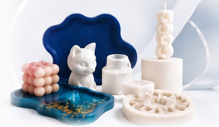 Silicone mold products: resin trays, bubble candles, a cat figurine and a flower coaster