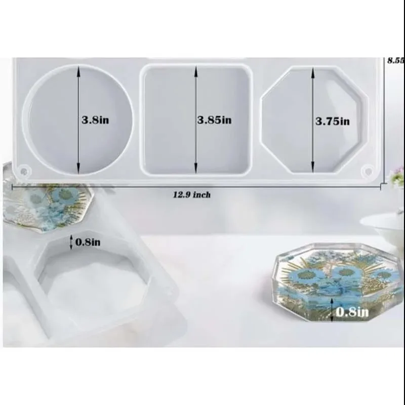 3 inch coaster mould ,round 3.8 inch, square 3.8 inch, hexagon 3.75 inch, 149grm, 20mm depth, lenth-32.5cm, width-11.5cm